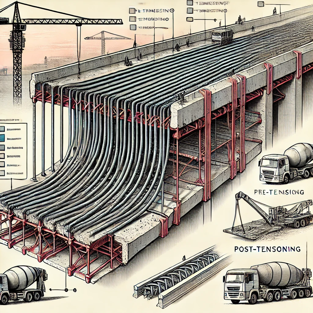 DALL·E 2024-08-19 18.36.53 – A detailed illustration showing the use of tendons in prestressing concrete. The image should depict a cross-sectional view of a concrete slab with te image visually show tendons in prestressing concrete as a concept
