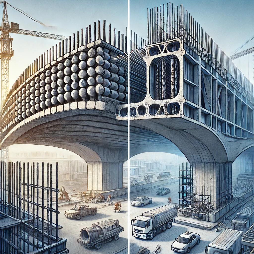 DALL·E 2024-10-02 23.30.25 – A side-by-side comparison showing a precast prestressed beam and a regular reinforced concrete (RC) beam in a construction setting. The image should h difference between precast prestressed beams and regular concrete beams
