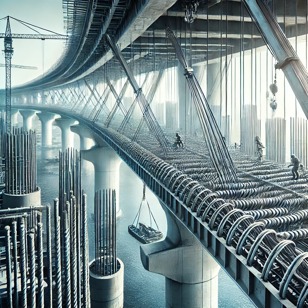 DALL·E 2024-10-02 23.32.28 – A detailed construction scene showcasing the use of pre-stressed concrete. Highlight a bridge or large structure being built with pre-stressed concret what is pre-stressed concrete used for