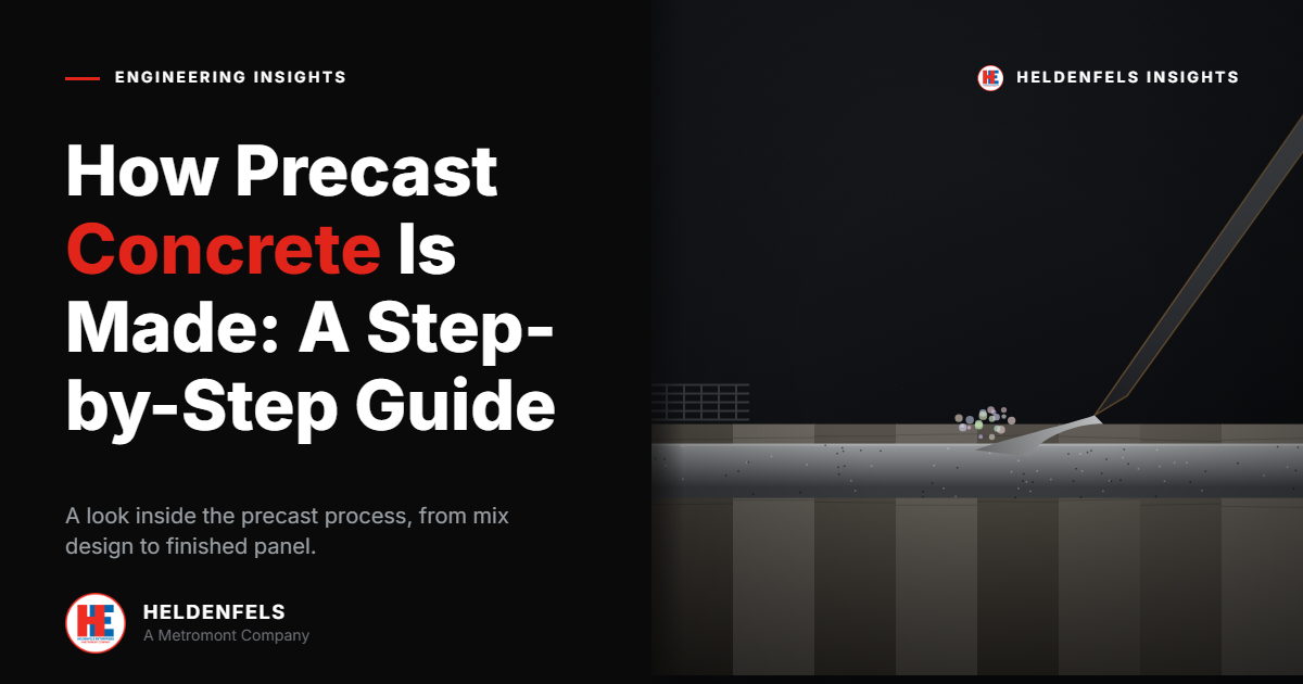 02-precast-concrete-how-made A promotional graphic titled "How Precast Concrete Is Made: A Step-by-Step Guide" features bold text on the left, while the right side illustrates how precast concrete is made with panels and a crane at a construction site.