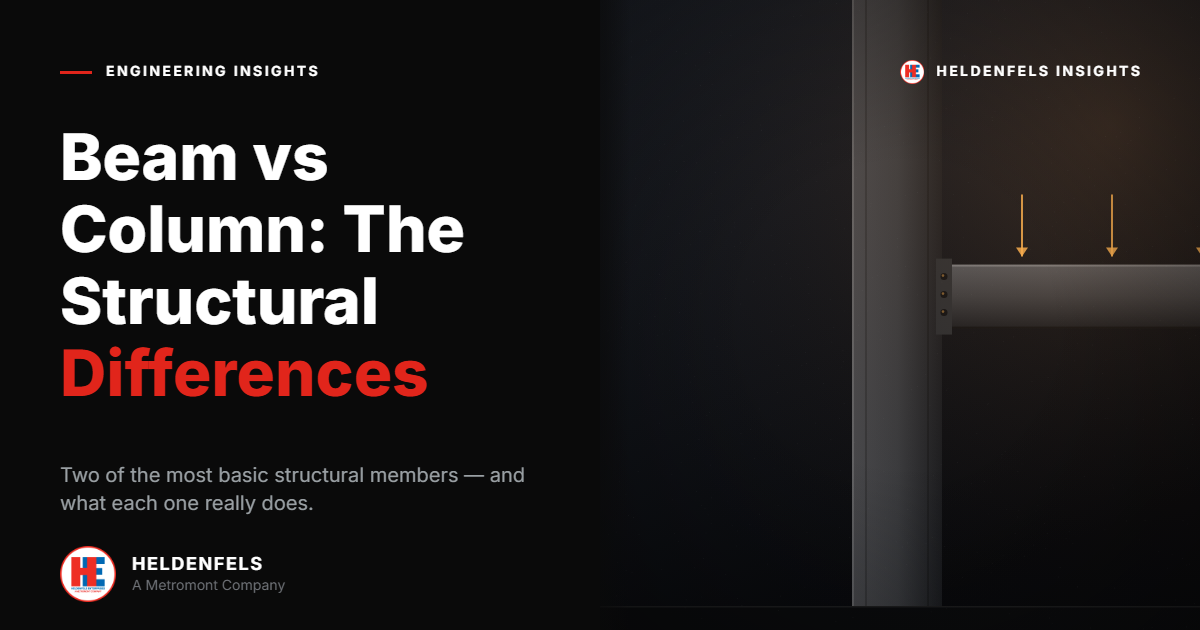 A graphic titled "Beam vs Column: The Structural Differences" compares beam vs column with text on the left and a partial illustration featuring arrows on the right. Heldenfels logo and branding appear at the bottom.