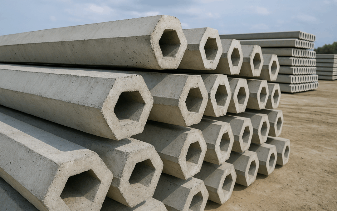 Stacks of large, hexagonal precast concrete piles are arranged on a dirt ground outdoors, with more piles visible in the background under a partly cloudy sky.