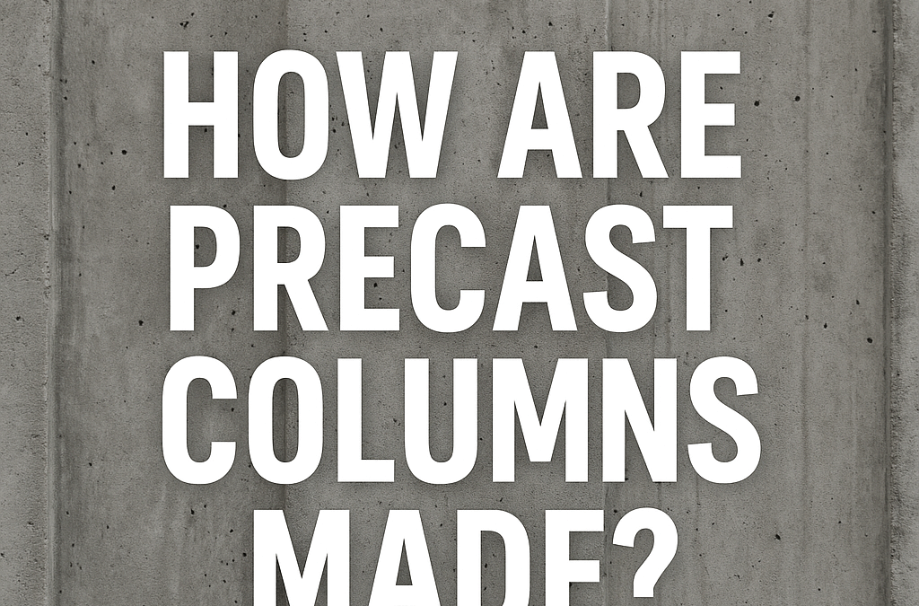 White text on a gray concrete wall background asks, "HOW ARE PRECAST COLUMNS MADE?"—inviting you to discover how precast columns are made through modern construction methods.