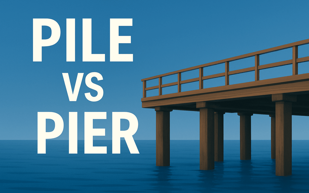A wooden pier extends over calm blue water under a clear sky. Large white text on the left reads "PILE VS PIER FOUNDATION.