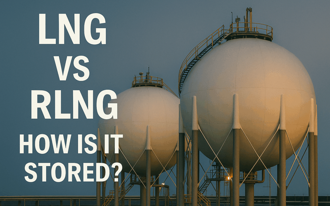 Two large spherical gas storage tanks with a metal staircase, set against a dusky sky. Bold white text on the left reads: “LNG vs RLNG – How is regasified liquid natural gas stored?”.