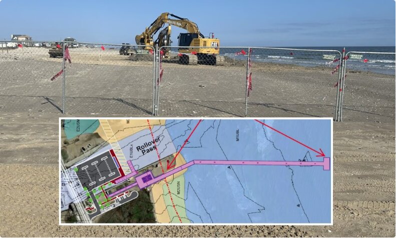 image001 (2) A construction site on a sandy beach near the ocean, with a fenced area and an excavator. An inset map shows a planned project layout with marked paths, parking, and a pier extending into the water.