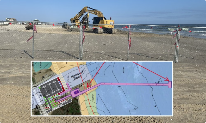 A construction site on a sandy beach near the ocean, with a fenced area and an excavator. An inset map shows a planned project layout with marked paths, parking, and a pier extending into the water.