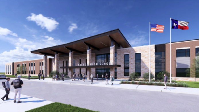 A modern high school building with "Salado High School" on the entrance, students walking outside, and American and Texas flags flying on flagpoles. The sky is blue with scattered clouds.