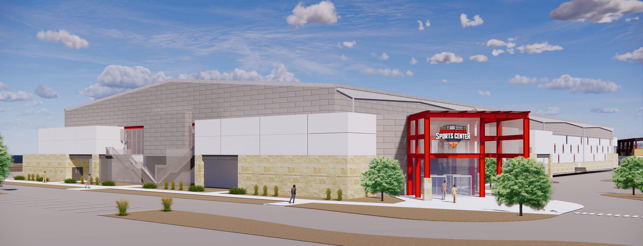Rendering of a modern sports complex with a gray and white exterior, red accent entrance, large windows, and “Sports Center” sign; trees, people, and parking spaces visible outside under a partly cloudy sky.