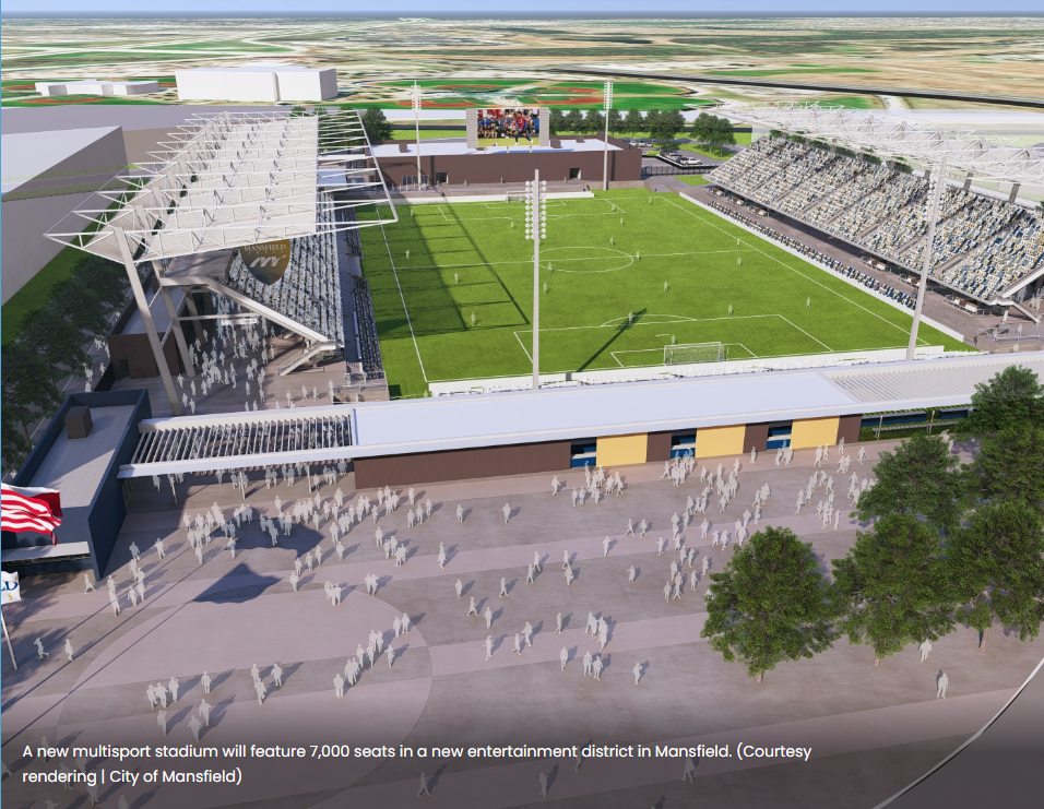 A digital rendering of a modern multisport stadium with green field, seating areas, large roof structures, and surrounding plaza filled with people, set in a new entertainment district.