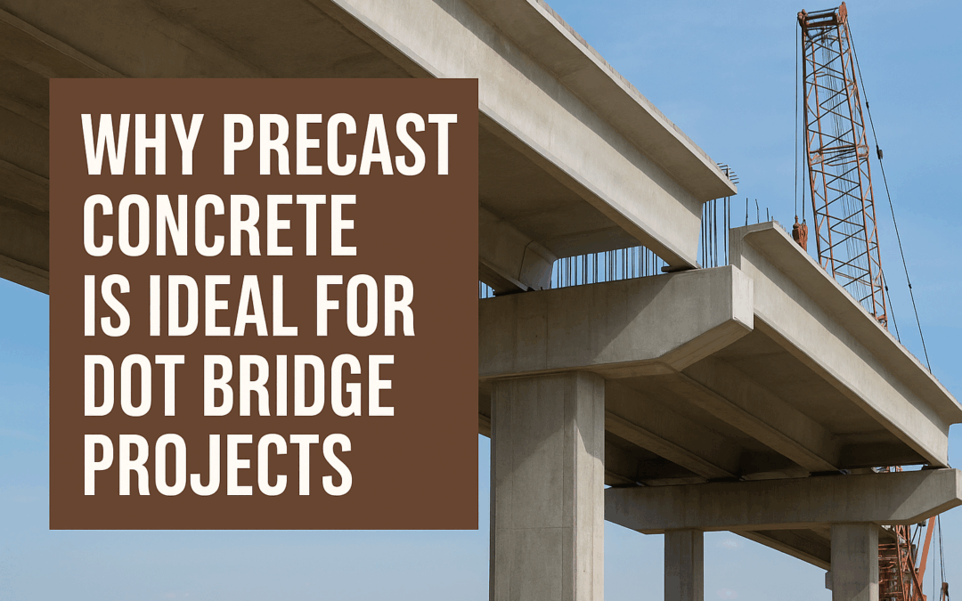Partially constructed concrete bridge with a crane and blue sky in the background. A brown box contains white text that reads: "Why precast bridge components are ideal for DOT bridge projects.