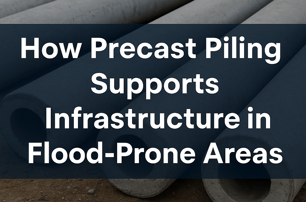 Several large concrete pipes lie on the ground. Overlaid text reads: "How precast concrete pilings support infrastructure in flood-prone areas.