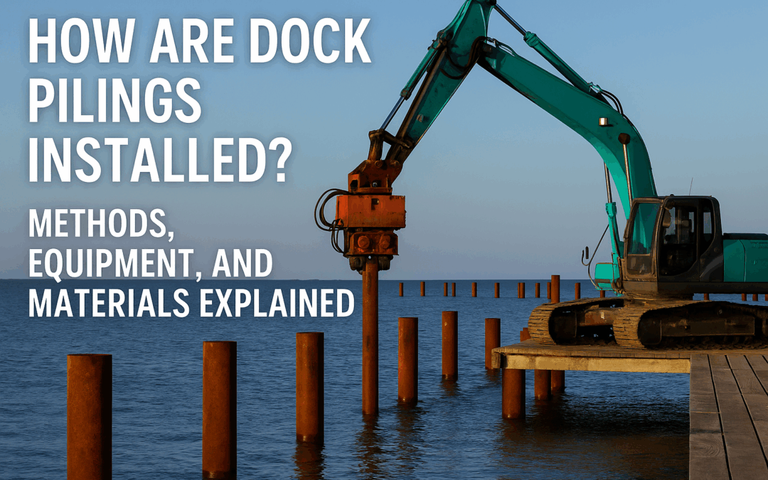 An excavator on a dock installs pilings into the water, with multiple pilings visible. Large white text asks, "How are dock pilings installed?" and mentions methods, equipment, and materials explained.
