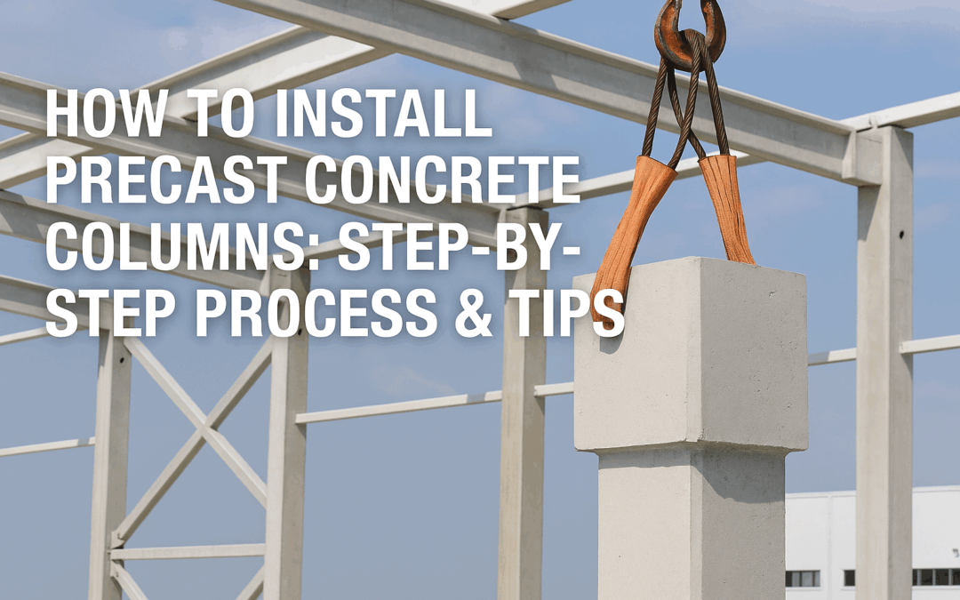 A precast concrete column is being lifted by a crane at a construction site with steel framework. Text on the image reads: “How to install precast concrete columns: step-by-step process & tips.”.