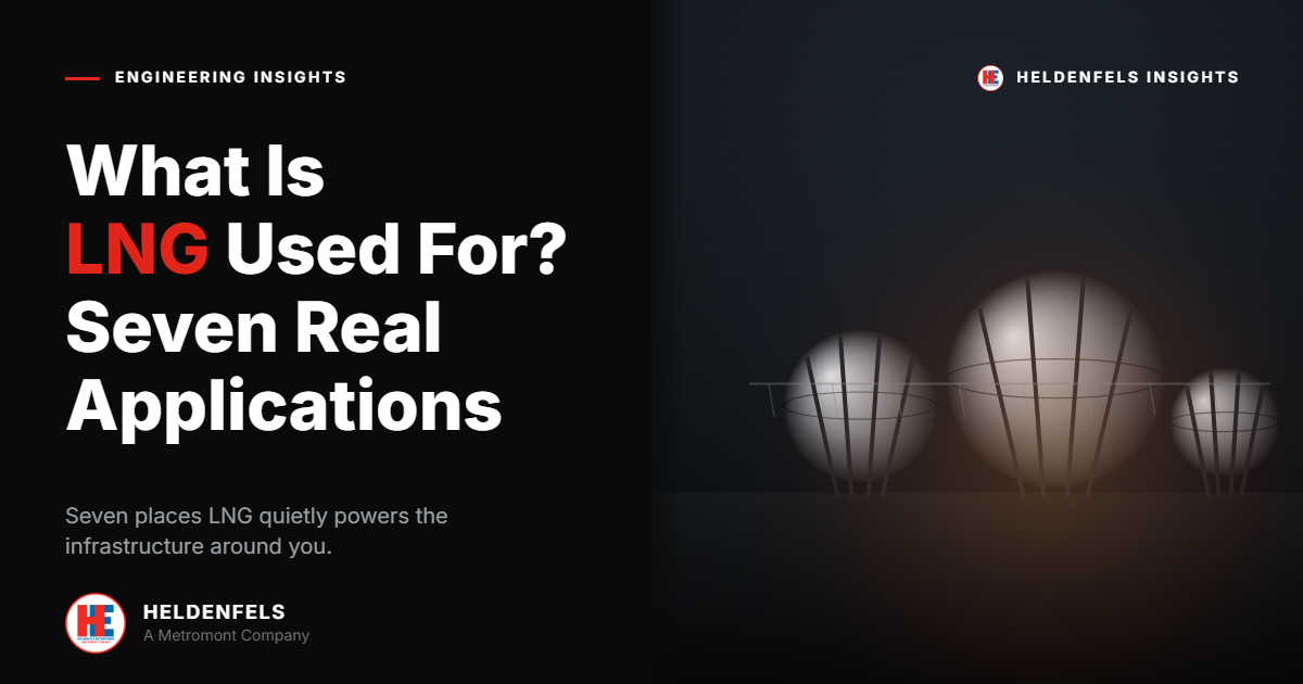 A graphic with the text "What Is LNG Used For? Seven Real Applications" on a black background, featuring large white spheres representing what is LNG used for storage tanks on the right, and the Heldenfels company logo on the bottom left.