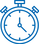 A blue outline illustration of a stopwatch showing the time at approximately 4:22.
