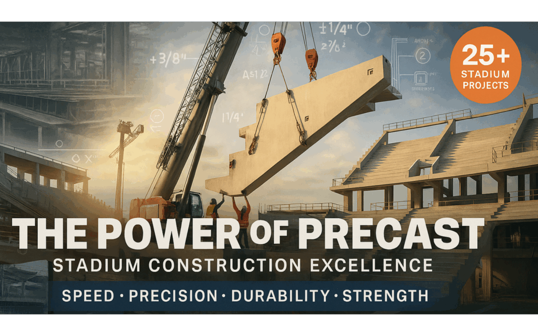 A crane lifts a large precast concrete section at a stadium construction site. Text reads: "The Power of Precast—Precast Stadium Construction Excellence. Speed, Precision, Durability, Strength." An orange circle says "25+ Stadium Projects.