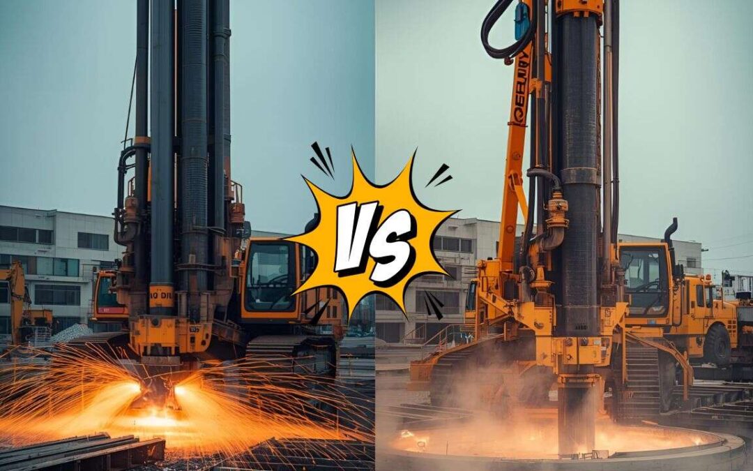A split image compares two large industrial drilling machines at a construction site, both emitting bright sparks and smoke as they operate, with a "driven piles vs drilled shafts" graphic in the center.