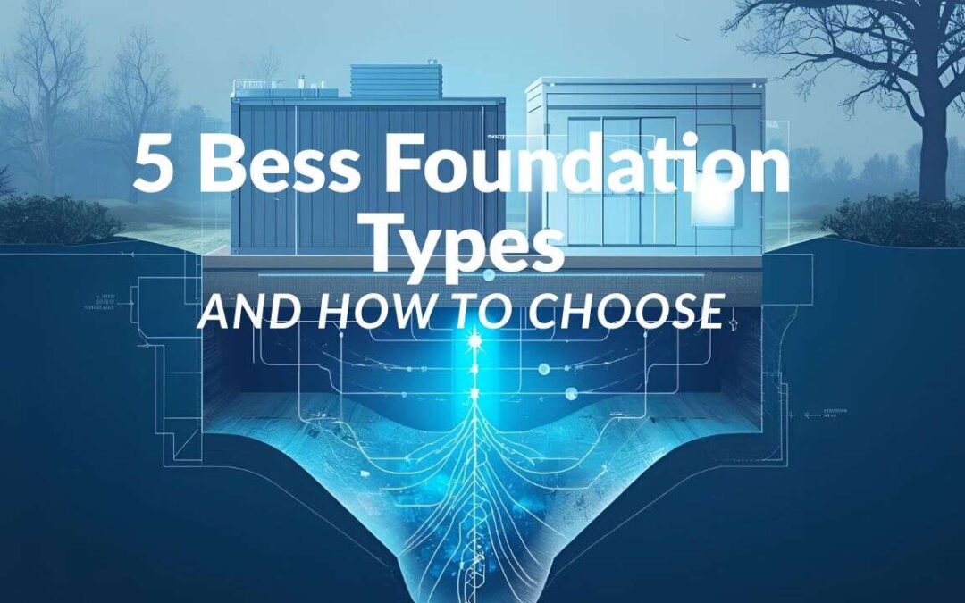 Illustration of two modern houses above ground with a cross-section revealing different foundation types for energy storage, electrical lines, and pipes. Text reads: "5 Best Foundation Types and How to Choose.