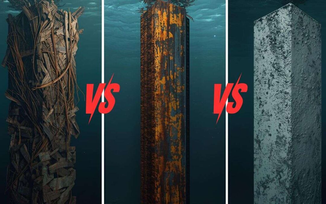 Three underwater pillars are shown: the left one is twisted rebar, the middle heavily rusted steel, and the right solid concrete. Red "VS" symbols compare them, hinting at the benefits of prestressed piles for superior strength and durability underwater.