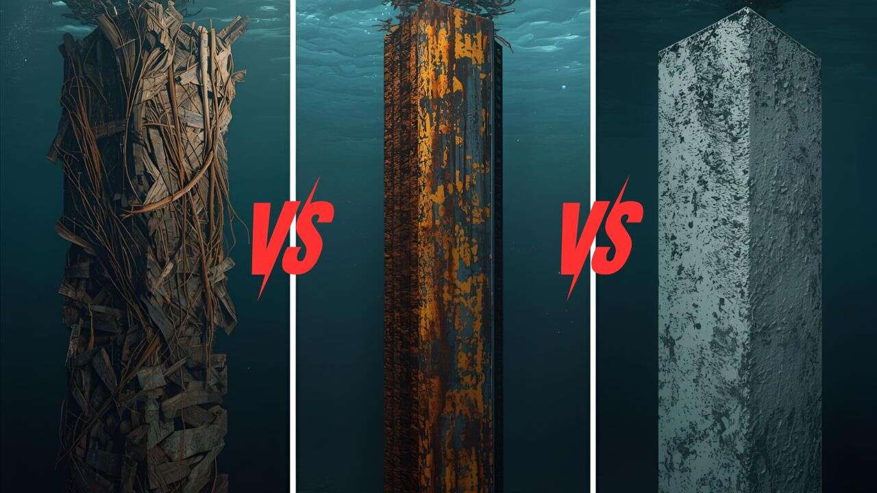 Three underwater pillars are shown: the left one is twisted rebar, the middle heavily rusted steel, and the right solid concrete. Red "VS" symbols compare them, hinting at the benefits of prestressed piles for superior strength and durability underwater.
