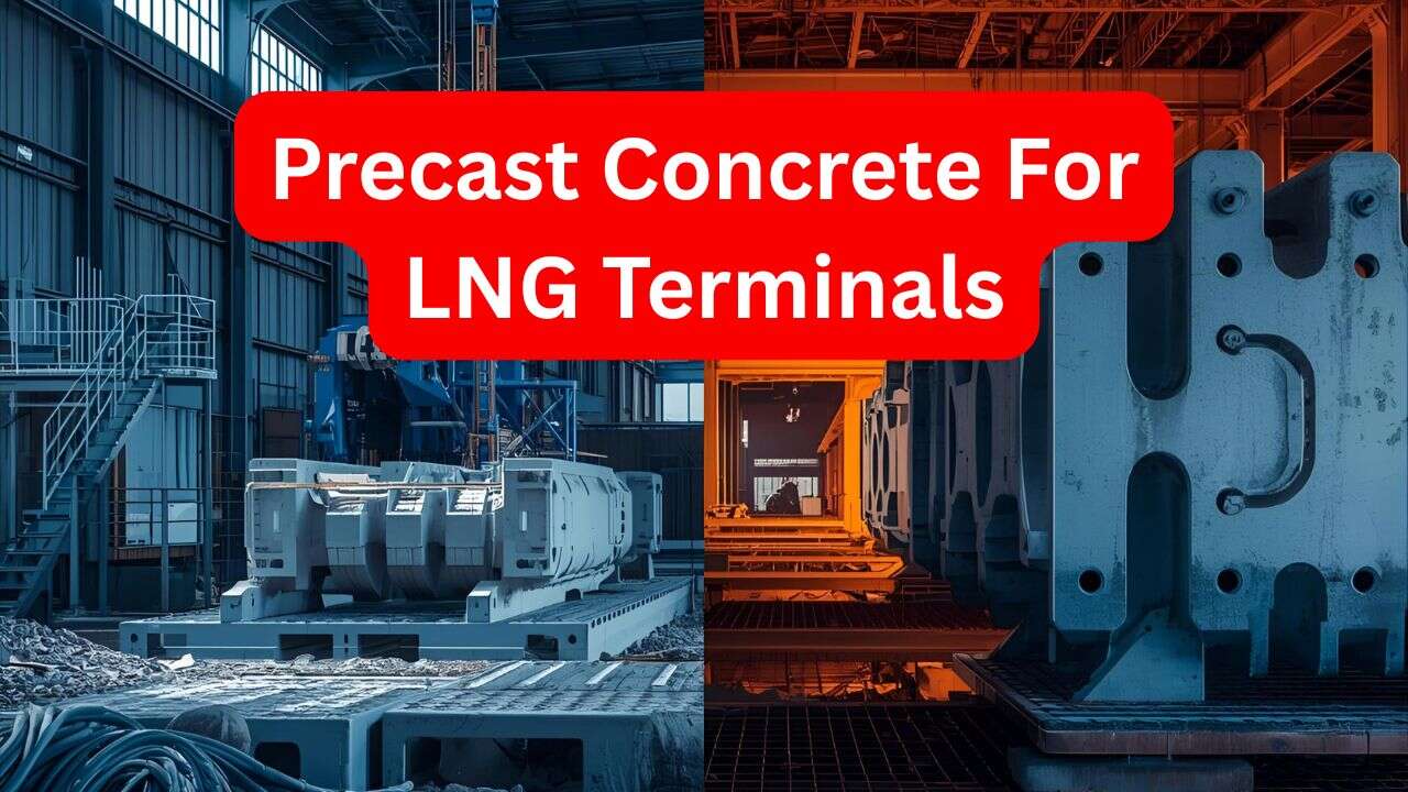 Interior of an industrial facility with large precast concrete structures. The image features cool blue and warm orange tones. Bold text in a red box reads: “Precast Solutions for LNG Terminals.”.