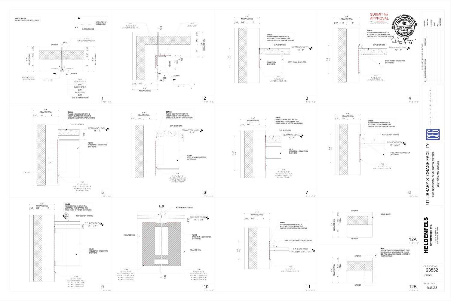 23532-UT-Library-Storage-Facility_SUBMIT-FOR-APPROVAL_10.03 Architectural construction detail drawings showing wall sections, foundation junctions, and insulation details with notes and dimensions for a building project. Title block on lower right indicates project and sheet information.