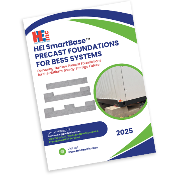 A brochure titled "HEI SmartBase Precast Foundations for BESS Systems" shows concrete foundation pieces, a close-up of a container on a precast base, and contact info for Larry Miller, PE, with the year 2025 displayed.