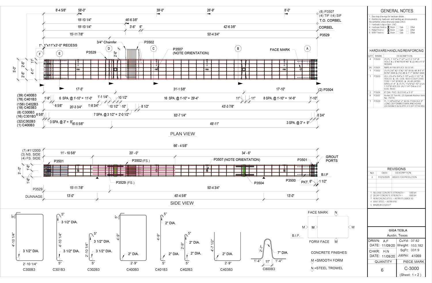 C3000-1 Detailed architectural drawing of a long rectangular concrete panel, showing front, plan, and side views with dimensions, hole placements, reinforcement details, notes, and a legend on the right side.
