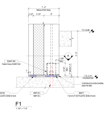 image009 Technical drawing of a building foundation detail labeled F1, showing insulated wall sections, slab, grout, shim stack, and material notes with precise measurements and construction annotations.
