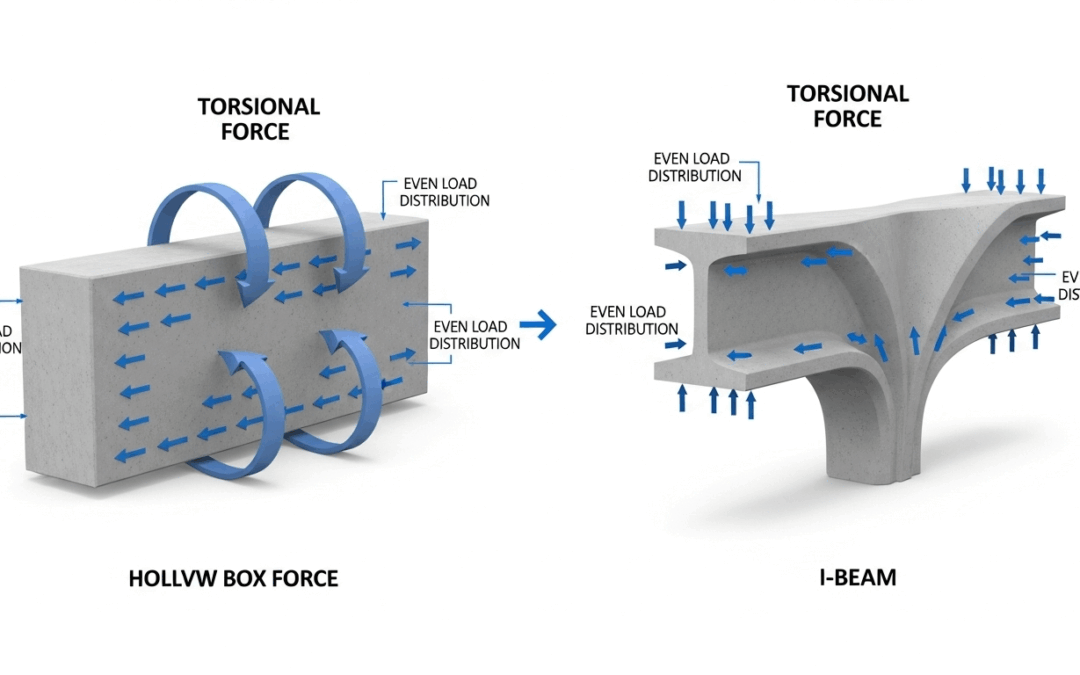 Two concrete beams are shown: a hollow box beam on the left and an I-beam on the right. Both display blue arrows indicating torsional force and even load distribution—typical features of precast bridge beams.