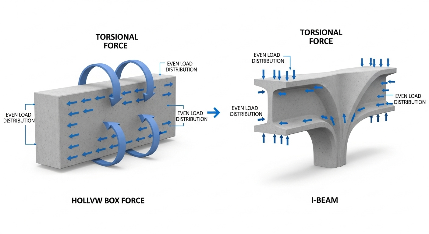 Two concrete beams are shown: a hollow box beam on the left and an I-beam on the right. Both display blue arrows indicating torsional force and even load distribution—typical features of precast bridge beams.