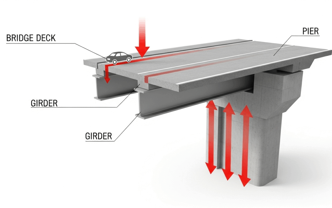 Diagram of a bridge section showing a car on the deck, labeled girders beneath, and a pier as part of the bridge support structures; red arrows indicate the direction of load transfer.