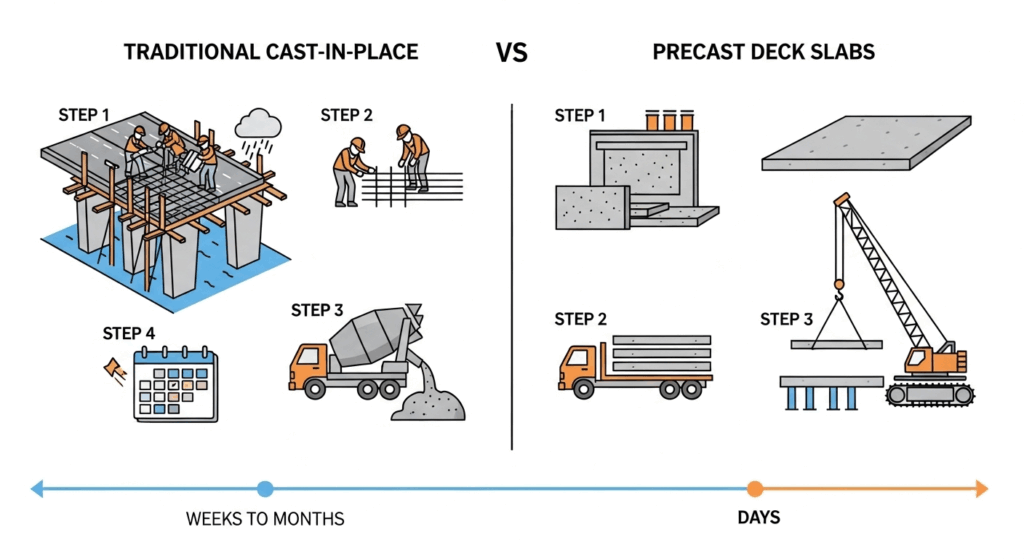 Comparison of traditional cast-in-place (4-step, longer process) vs. precast bridge deck systems (3-step, faster process) construction methods, with icons for each step and a timeline highlighting the time savings.