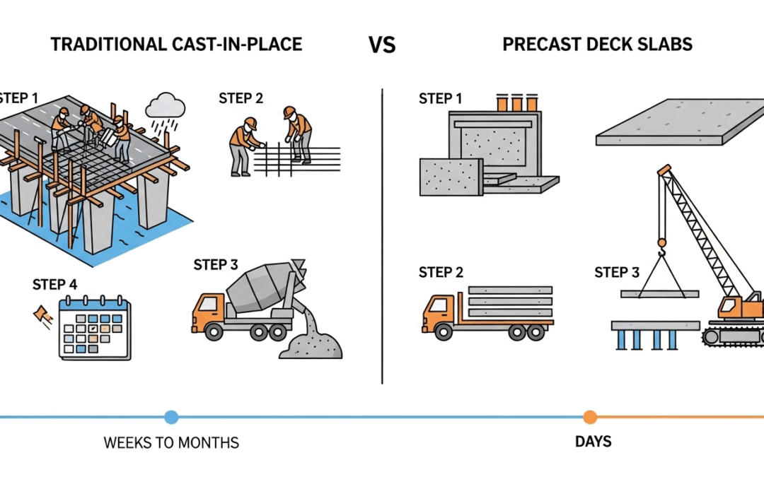 Comparison of traditional cast-in-place (4-step, longer process) vs. precast bridge deck systems (3-step, faster process) construction methods, with icons for each step and a timeline highlighting the time savings.