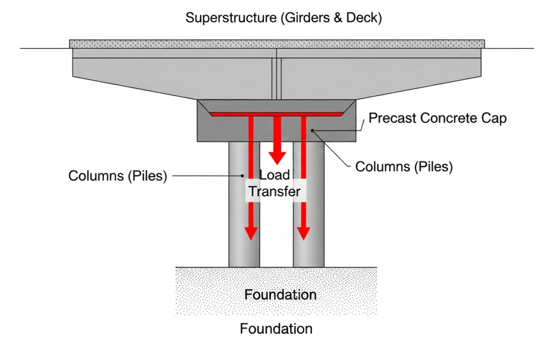 Diagram of a bridge structure showing the superstructure (girders and deck) on top of columns (piles) with concrete bridge cap systems, illustrating load transfer from the superstructure to the foundation.