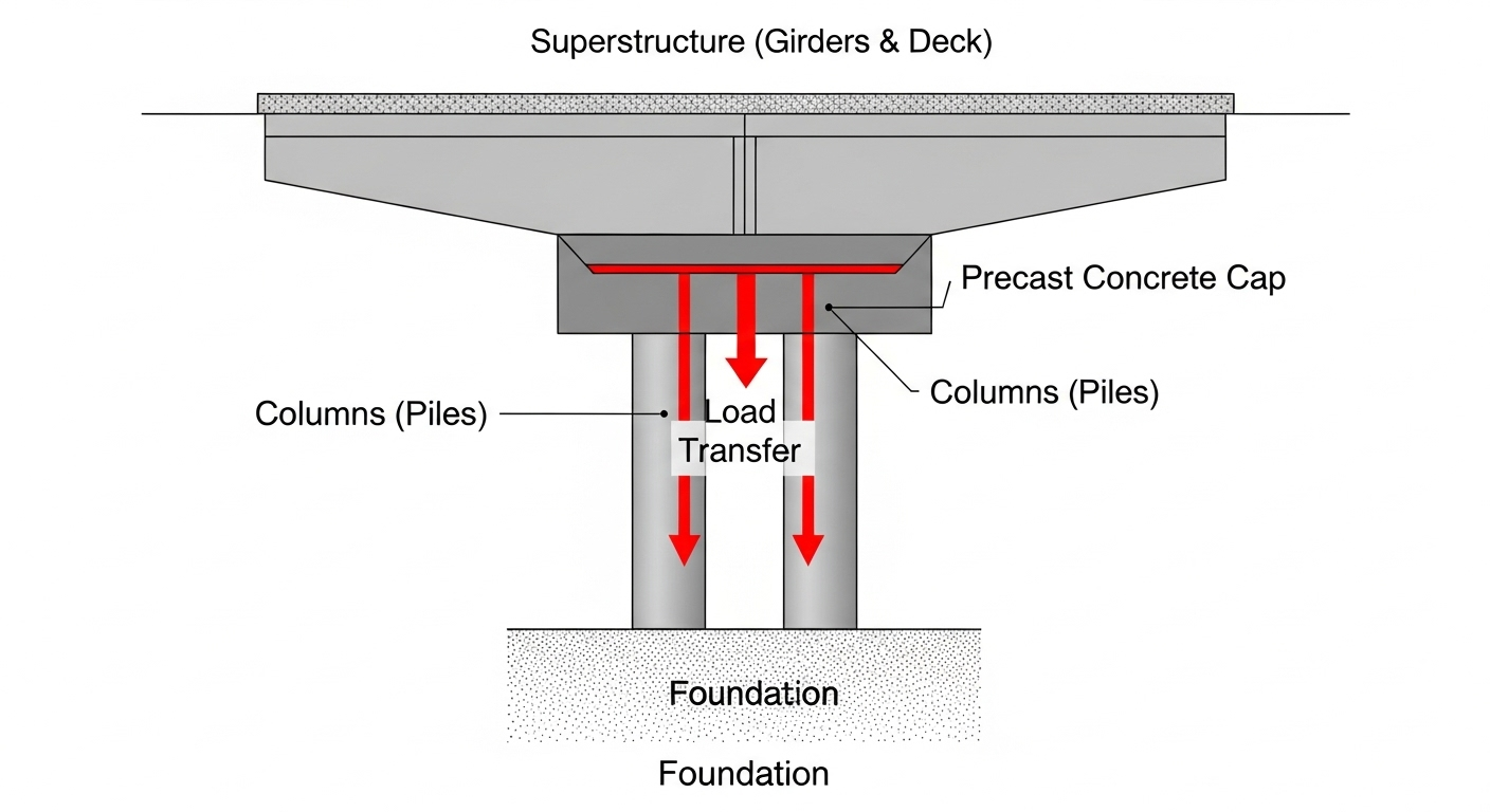 visual-1-20251024_172142-3943392e Diagram of a bridge structure showing the superstructure (girders and deck) on top of columns (piles) with concrete bridge cap systems, illustrating load transfer from the superstructure to the foundation.