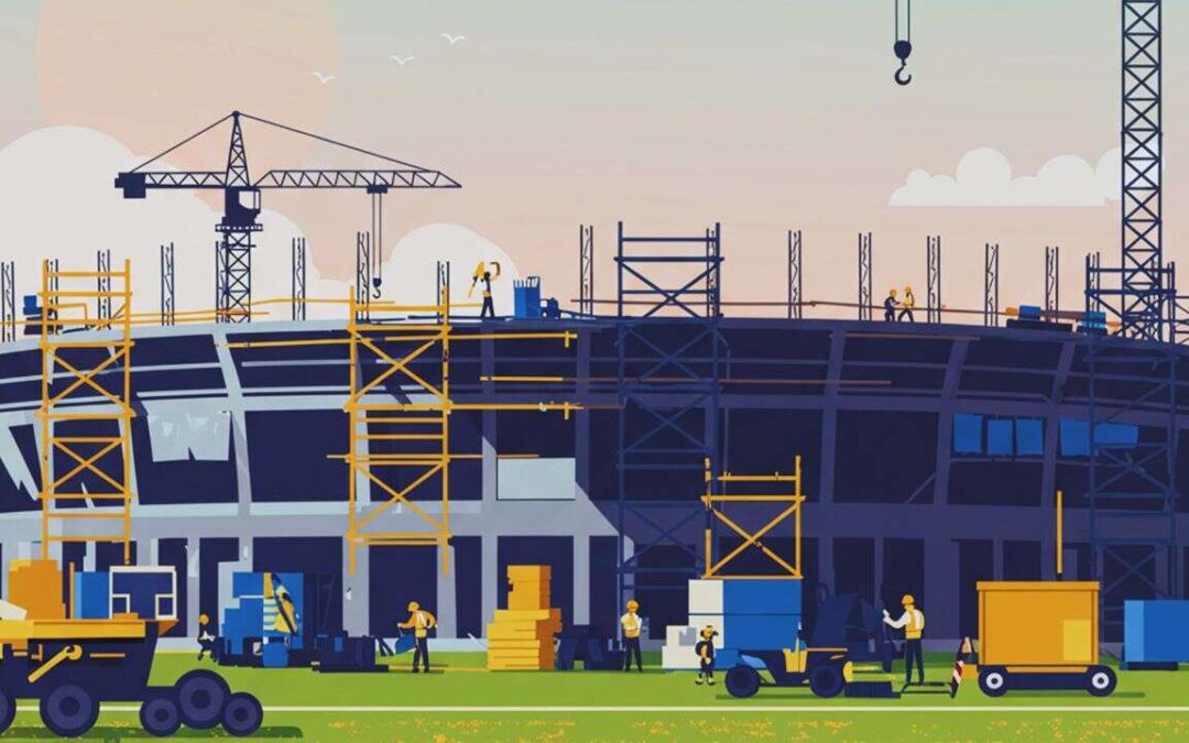 Illustration of a stadium under construction with cranes, scaffolding, workers, and construction vehicles on site. Precast raker beams are being installed beneath a vibrant sunrise or sunset sky.