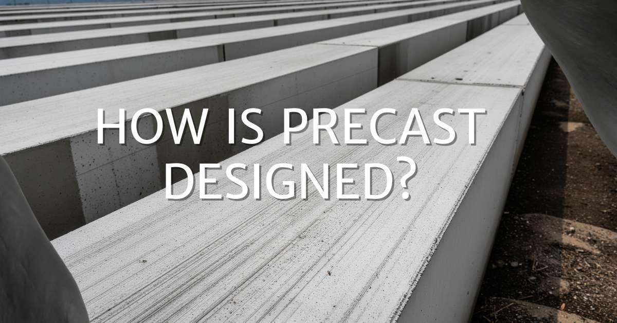 Rows of large, white precast concrete beams are arranged in parallel outdoors. The text "How is precast designed?" is overlaid in the center of the image.