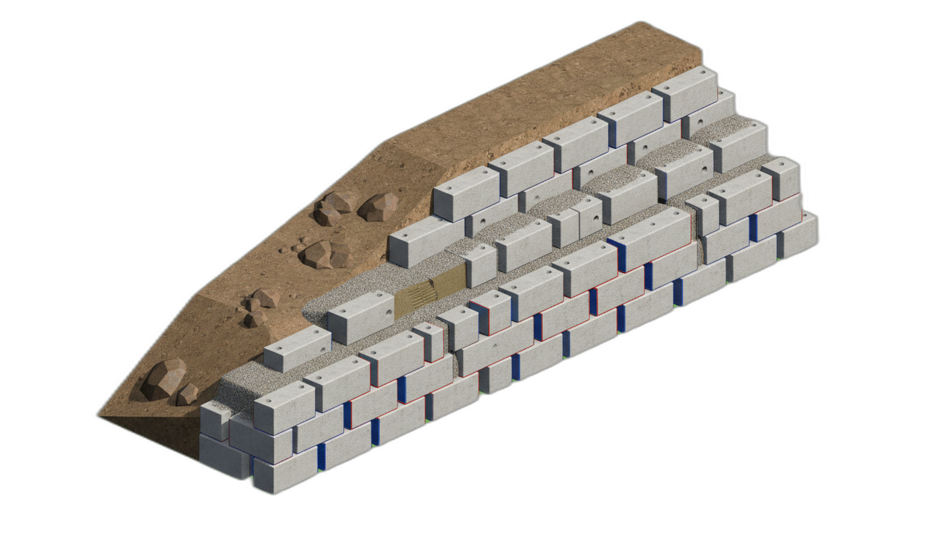 Precast concrete block retaining walls installation at a commercial construction site