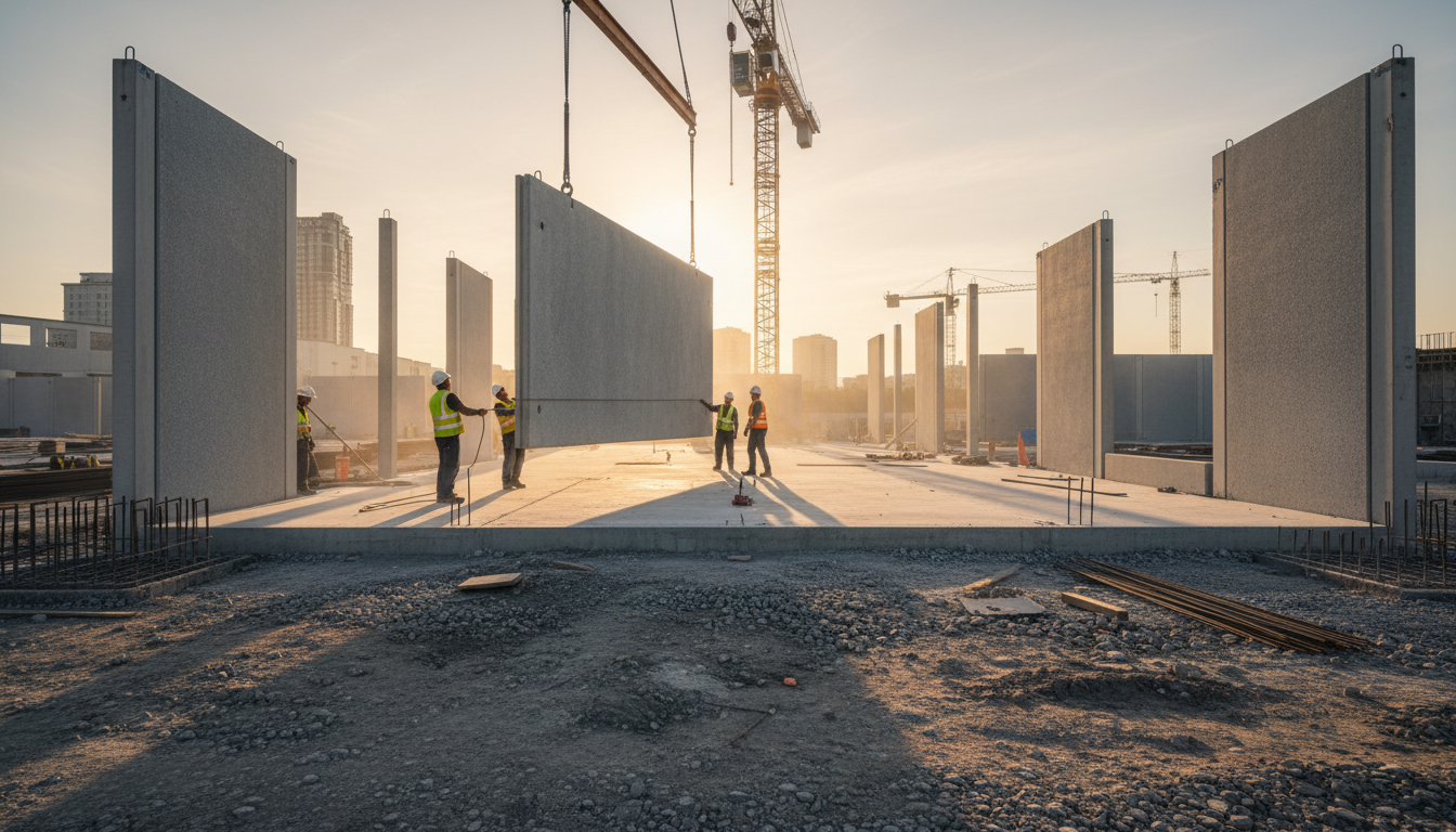 Crane setting a large precast concrete wall panel on an industrial construction site at sunrise