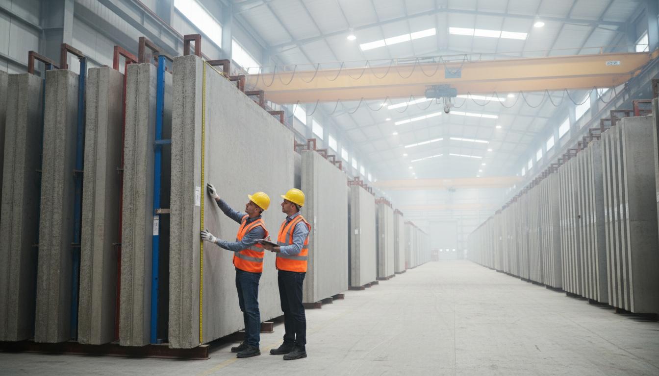 Workers inspecting cured precast concrete wall panels staged inside a fabrication plant