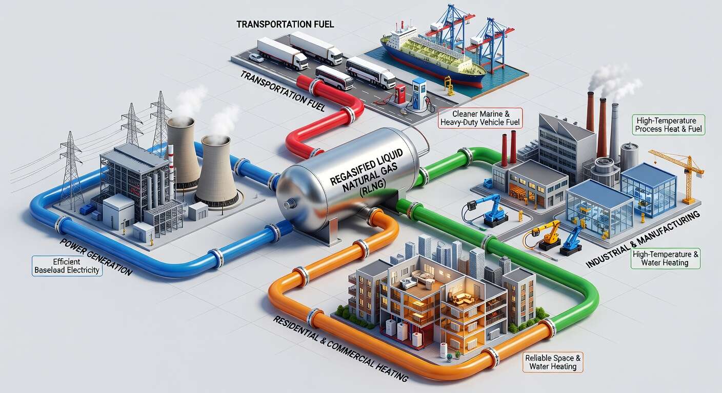 Diagram showing regasified liquid natural gas flowing to power generation, transportation fuel, residential heating, and industrial manufacturing applications