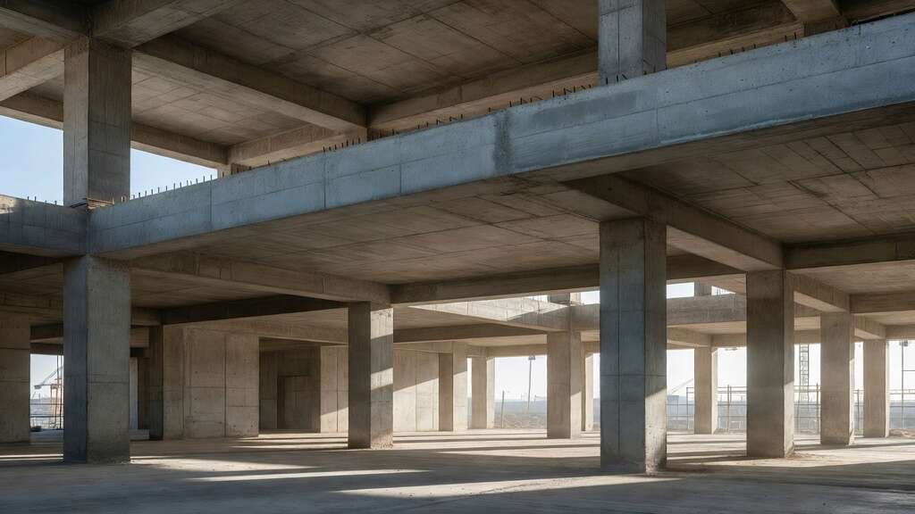 Concrete beam vs column structure showing horizontal beams supported by vertical columns in an unfinished construction project. 
