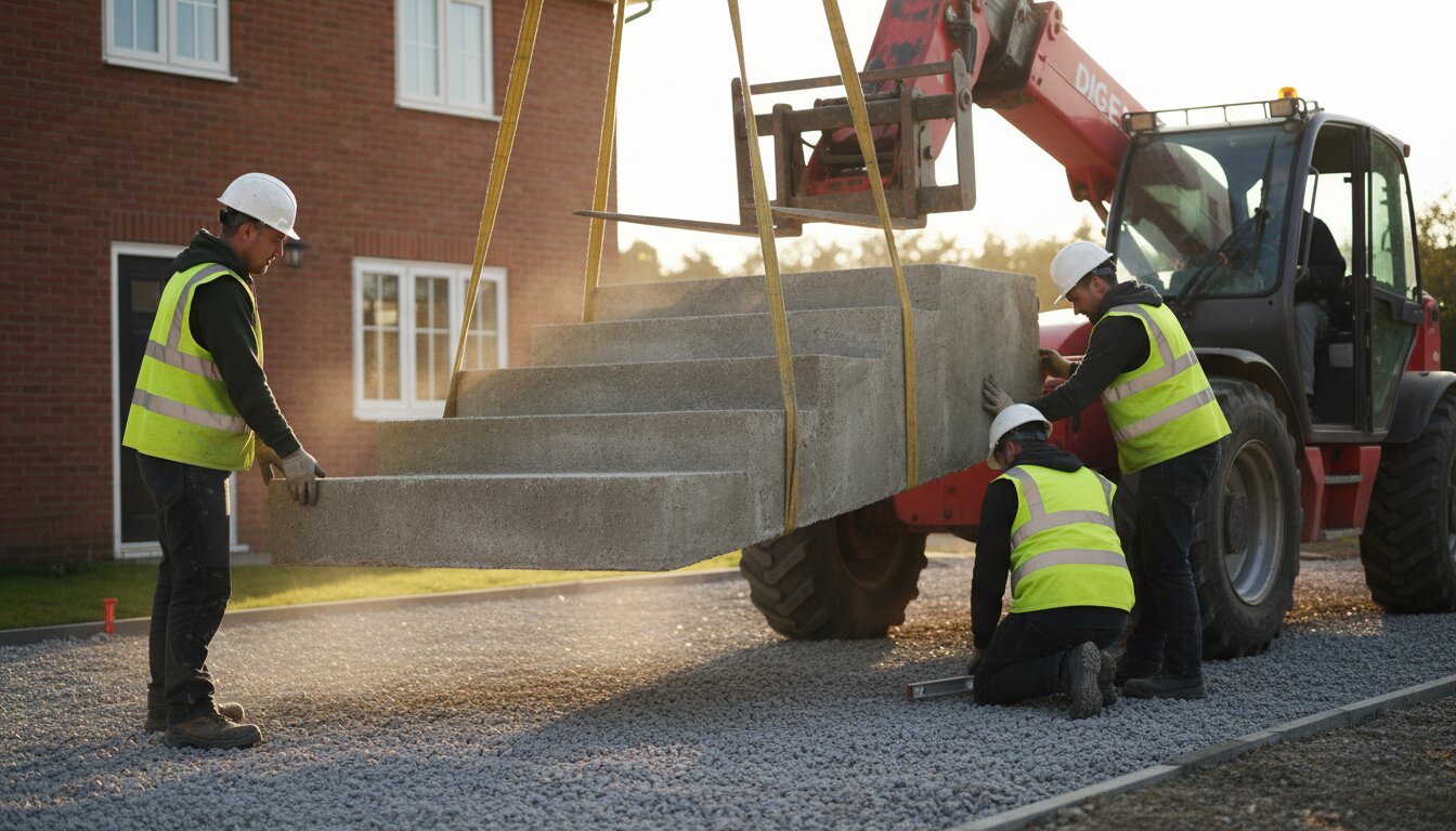A three-person crew lowering a precast concrete step unit onto a freshly compacted gravel base at a residential entrance