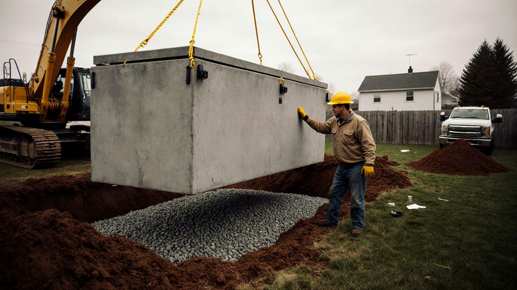 A two-compartment precast concrete septic tank being lowered into an excavated pit by a yellow excavator on a residential build site, fresh dirt piled to one side and a crew member in a hard hat steering the load by hand.