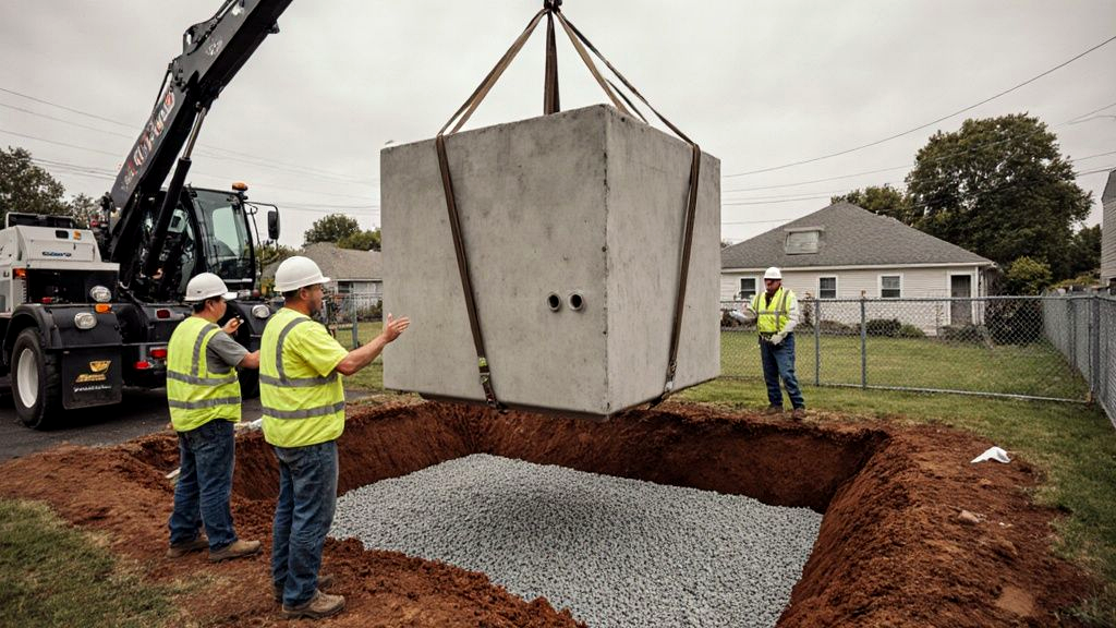 A crane truck lowering a precast concrete septic tank into a rectangular excavation behind a single-family residence while a three-person crew guides it into position