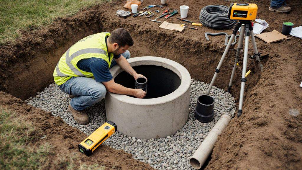 A precast concrete septic tank just set on a compacted crushed stone bedding plane while a worker checks the gasketed rubber inlet boot before plumbing connections