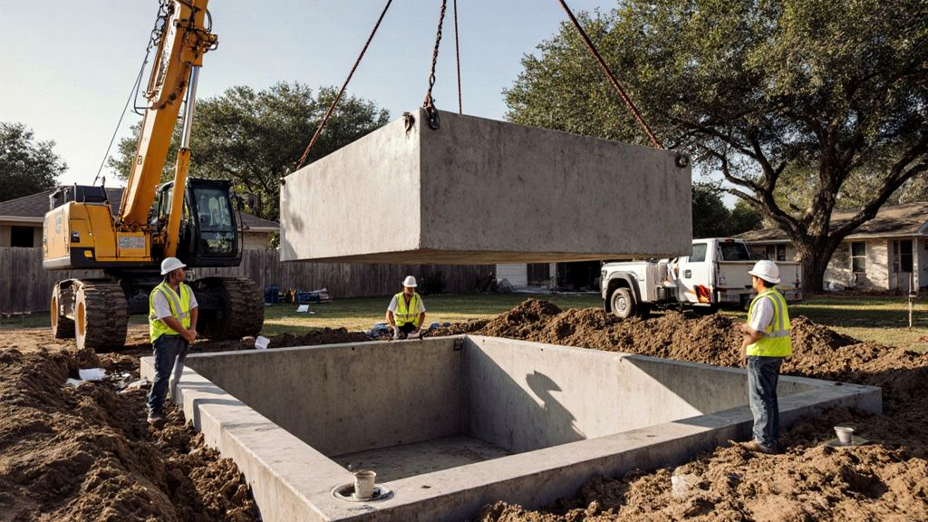 A 40,000-pound precast concrete swimming pool shell being lowered by a crane into a prepared excavation at a suburban backyard