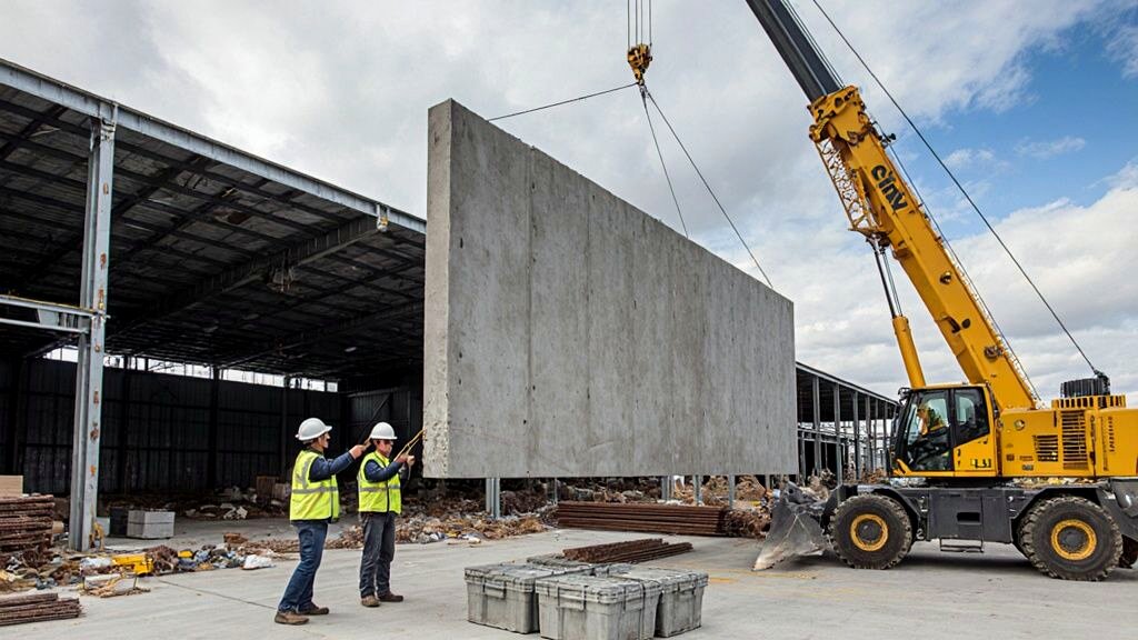 Crew lifting a large precast concrete wall panel into place on the side of a commercial building under construction
